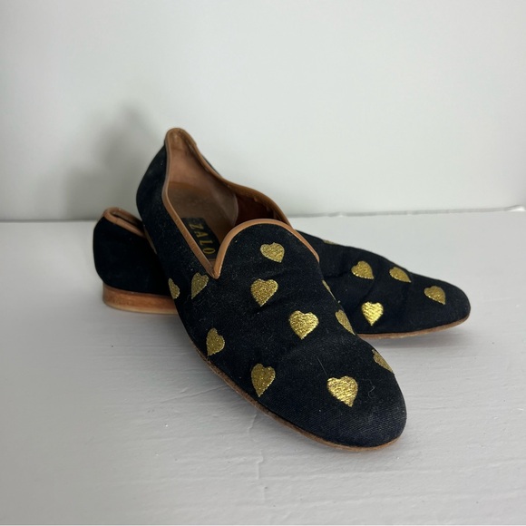 Zalo Shoes - Zalo Smoking Slippers Loafers Flats Black Gold Hearts Size 10